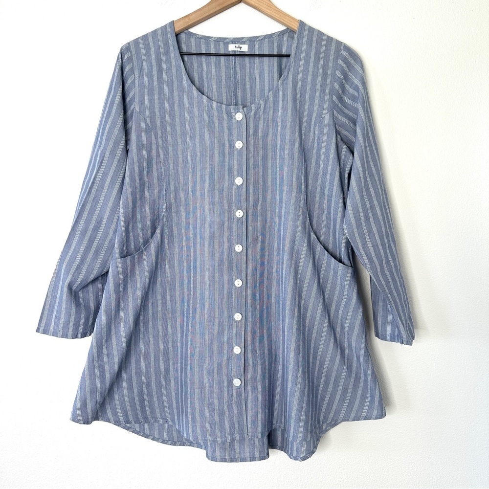 Tulip Brand 100% Cotton Tunic Front Pockets Lagenlook Blue White Stripes